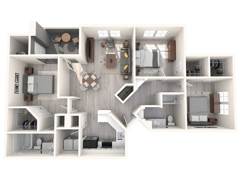 A 3D floor plan of a house with multiple rooms and furniture.